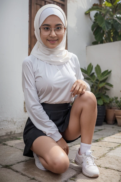 A sweet beautiful young Bogor city girl, , sweet georgeus round childish face, white pale skins, big wide forehead, cute hawk type little nose, big round eyes, dark big mole under her eyes, very slim little body, slim legs, very slim buttock, straight neck short slim hairs, dark brownish small mouth, sensual thin uper lip, sensual heavy lower lip, small size teenage brea descent mixed from sundanese and javanese, shy and quite type girl, her name is Salma, sweaty thin straight medium short black hairs with a bangs, standing cheerful spread legs at her home yard, wearing white thin hijab that covering all her hairs and ears, wearing white buttoned thin Indonesian long sleeve school dress, wearing grey kneel long muslimah skirt, sun shine shining to all her body, sweat on all her skins and hairs, sweaty face, cute sweet smiling to us, wearing glasses, wearing white short socks, wearing sport shoes,