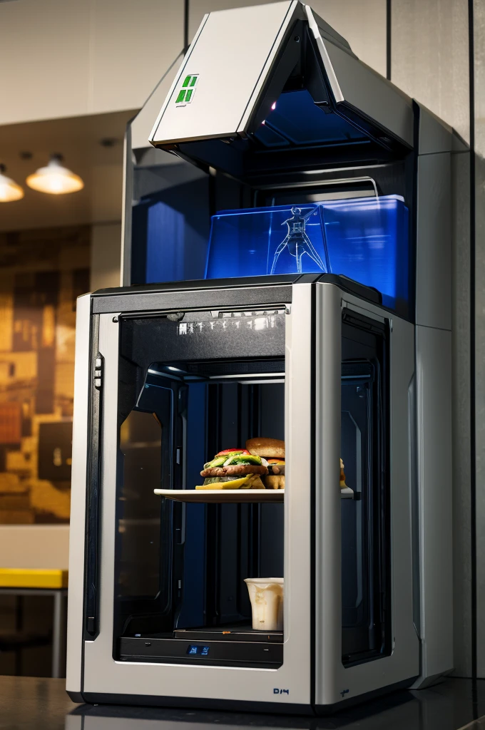 a futuristic 3d printer that makes food that incorporated in a wall in a cafeteria, masterpiece, best, photo realistic food replicator