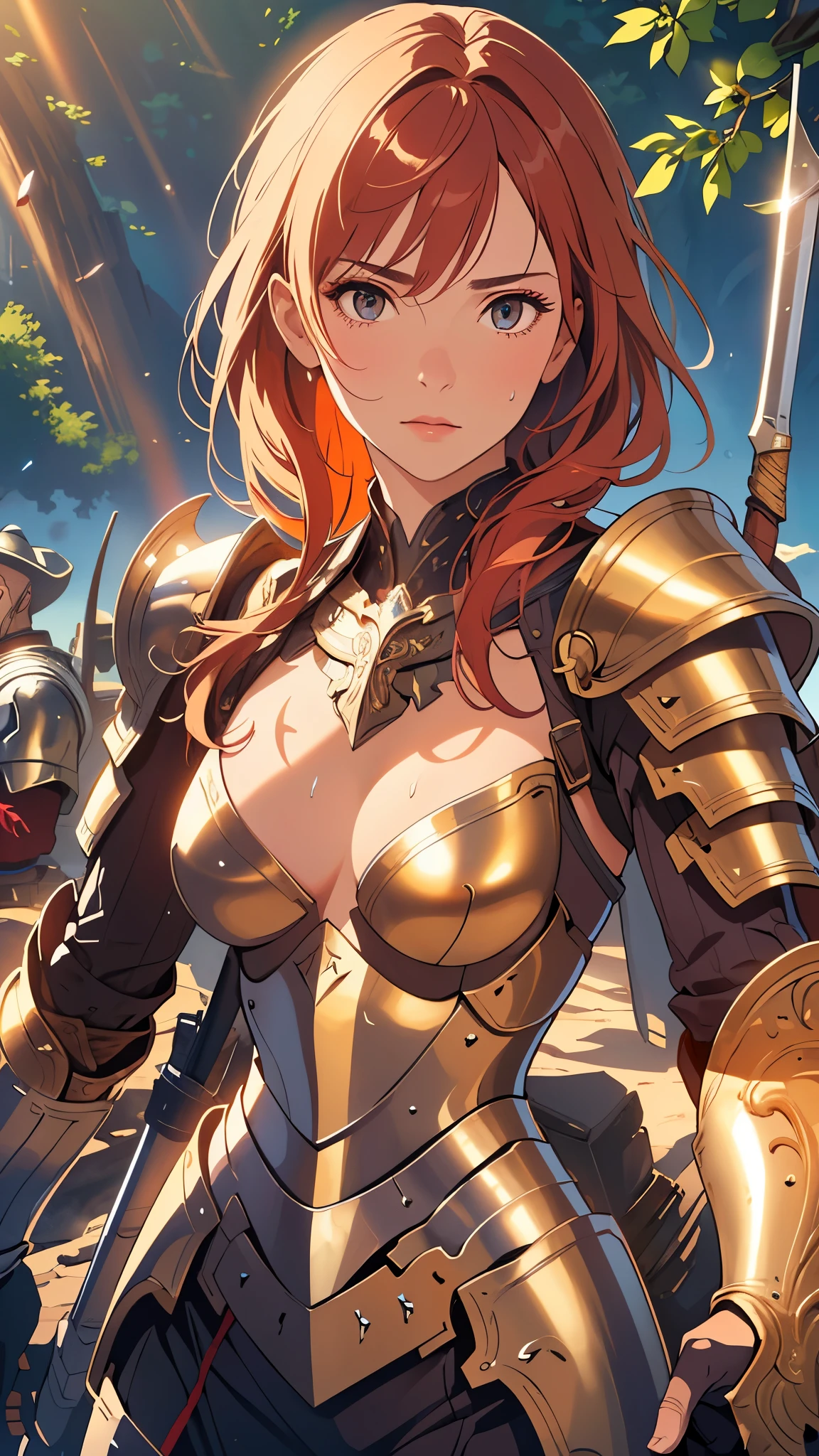 ((((masterpiece, best quality, high resolution)))), Extremely detailed 8K, 1 female, wearing a warrior type of armor, (Ultra HD, Ultra-detailed, Highly detailed, Highly realistic, Ultra-realistic, photograph realistic), (1girl:1.5), (Realistic red hair), (dynamic poses), facing at camera, looking at viewer, (a serious calm face), (regular black eyes, sharp eyes), (perky breasts:1.2), (beautiful detailed face, beautiful detailed eyes), ((armor damaged)), (preparing for a fight), sweat, glow, (sunbeam, sunlight), ((cowboy shot)), battlefield background, seductive, EnvyBetterHands LoCon,