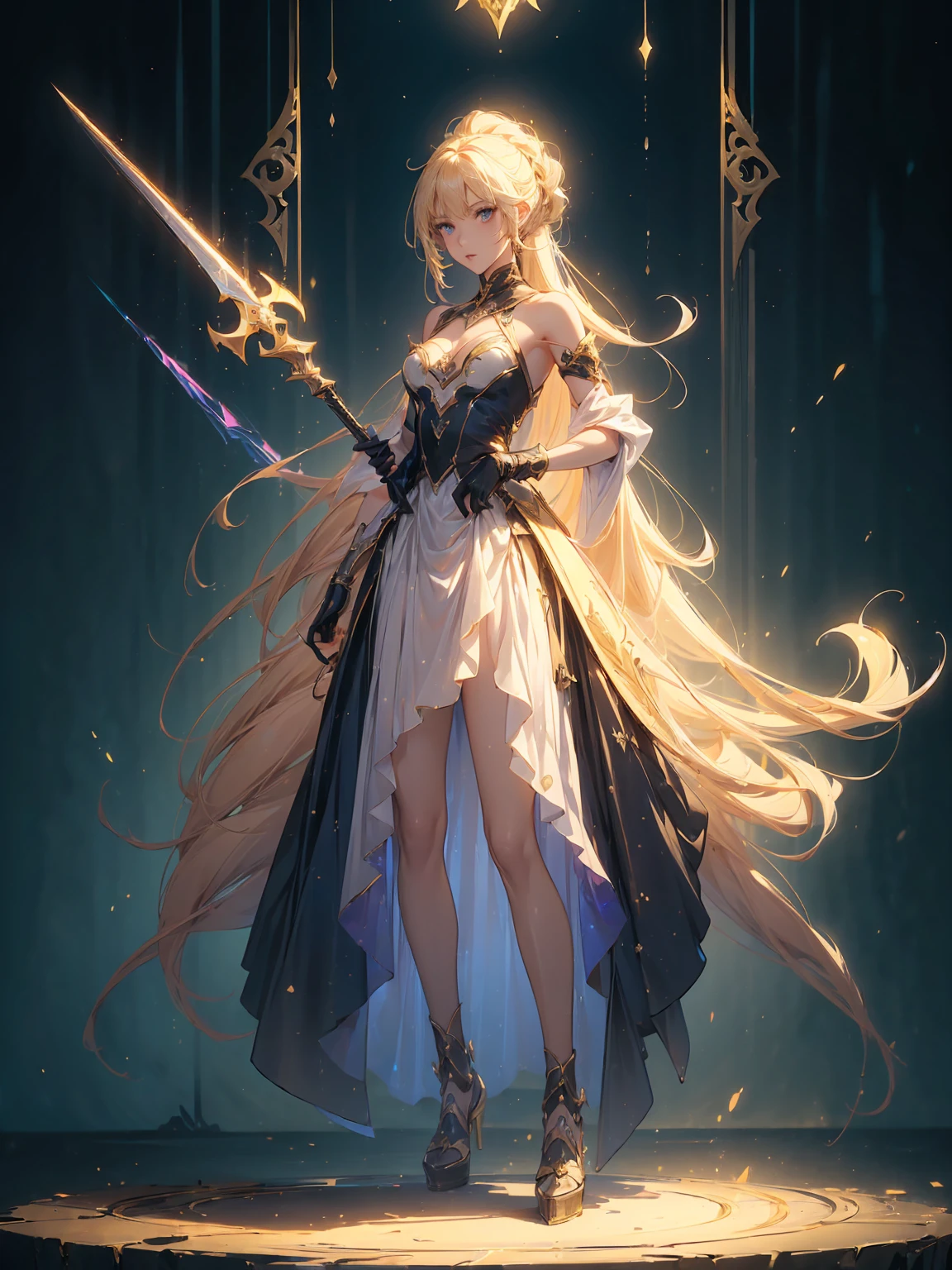 Design a layout showcase Gaming character, (1girl). Golden+Purle clothes, stylish and unique, ((showcase weapon:1.4)), magic staff, (masterpiece:1.2), (best quality), 4k, ultra-detailed, (Step by step design, layout art:1.5), (luminous lighting, atmospheric lighting), magican, ((glove full hands)), (((revealing clothes:1.3))), vambraces, armored legwear, (((full_body_shot:1.4)))
