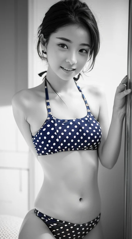 (((Monochrome bikini with tiny dots:1.35)))、Highly detailed 8k wallpaper), short hair, Sharp focus, detailed, dramatic, Delicate and beautiful , White shirt, Navy blue ribbon color, Dark blue pleated micro mini, sexy, smile, Looking into the viewer, Beautiful graphics, Bright school building, Full of students, Show your whole body,.