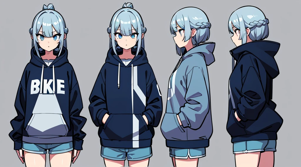 Character design sheet、girl、Short ponyte、Oversized hoodie、Shorts、Gray Hair、Blue inner color, Conceptual art, best quality, highres, 8k, UHD