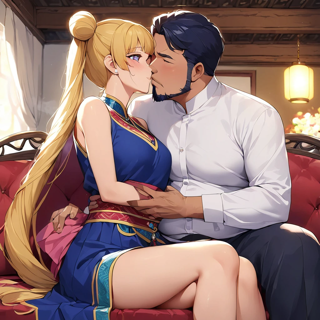 ((Highest quality)), ((masterpiece)), (detailed), (Perfect Face)、The woman is a Mongolian woman named Tsukino Usagi, and is wearing a gorgeous and colorful Mongolian national dress, Dale, in a Mongolian mansion, with gorgeous jeweled accessories and an engagement ring. The woman and the man are sitting on a gorgeous, large sofa in the luxurious room, and the woman is passionately embracing and passionately kissing a dignified, bearded middle-aged Mongolian man wearing a Mongolian national dress, making passionate love as a married couple.、The woman is the elegant Tsukino Usagi, with her long blonde hair in a chignon twin tail, and wearing the colorful Mongolian national costume, the Mongolian Tsukino Usagi.、The man is a dignified, sturdy, bearded Mongolian man wearing Mongolian national dress.
