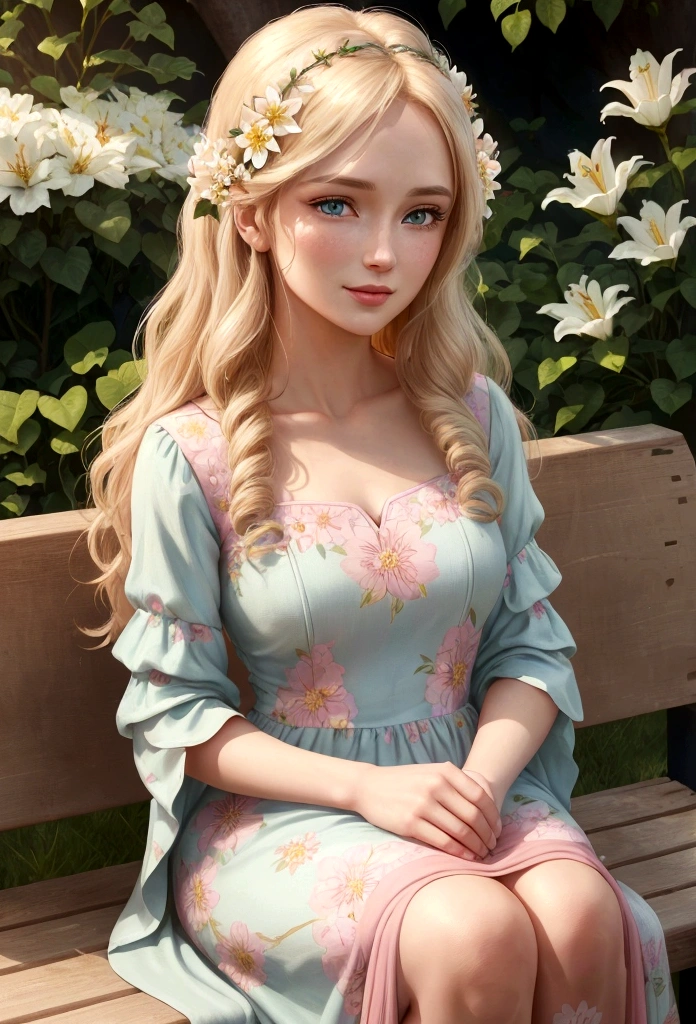 Lily's beautiful mother, Anna, joins her on the bench. Anna has long, wavy blond hair and wears a pink dress with a floral pattern. She has warm, green eyes that look lovingly at Lily, who has long blond hair, sparkling blue eyes, and wears a light blue dress adorned with small flowers. The bond between them is evident as they share a moment of quiet joy. The sun shines brightly, and the garden is in full bloom. (good quality:1.2), (Ultradetailed:1.2), (ultradetailed face:1.2), (ultradetailed body:1.2)