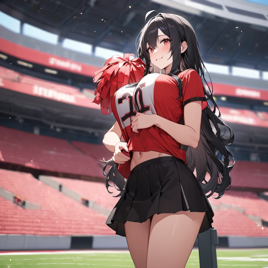 A woman wearing a red sports shirt, with a white number 20 on the shirt, black skirt, cheerleader style, long black socks, sports sneakers, with a pair of red materialized pompoms in her hands, big breasts, black hair, long hair, ahoge, Red eyes, smiling, in the stands of an American football stadium, standing,,UHD , prime work , accurate , anatomically correct , textured skin , super details , high quality , best quality, 8k, high resolution, bokeh effect. (woman alone)
