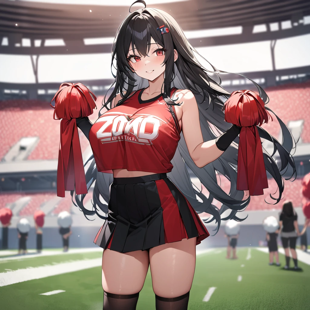 A woman wearing a red sports shirt, with a white number 20 on the shirt, black skirt, cheerleader style, long black socks, sports sneakers, with a pair of red materialized pompoms in her hands, big breasts, black hair, long hair, ahoge, Red eyes, smiling, in the stands of an American football stadium, standing,,UHD , prime work , accurate , anatomically correct , textured skin , super details , high quality , best quality, 8k, high resolution, bokeh effect. (woman alone)
