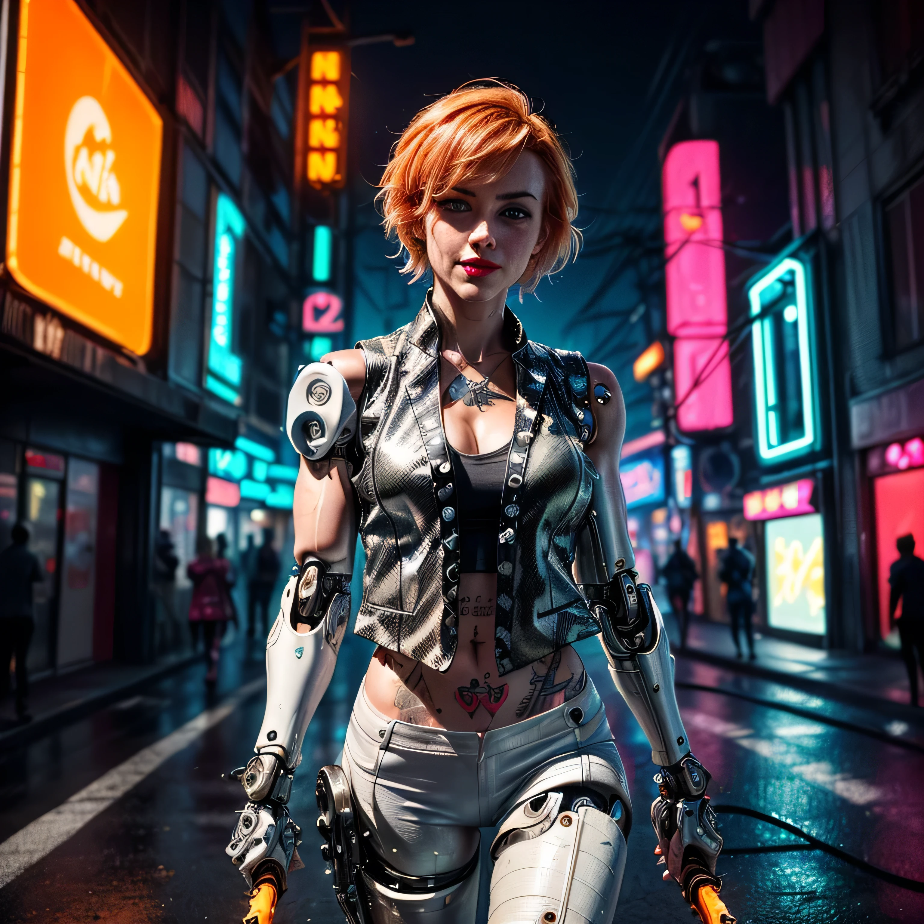 (masterpiece, photorealistic:1.4, extremely intricate:1.3), (photon mapping, radiosity, physically based rendering, ultra resolution, hyper-realistic, 8K), (((((mature female, [bodybuilder:supermodel:0.8], [large breasts:medium breasts:0.3], chrome rivets, ((white snakeskin leather vest, upper torso, humid, playful, mechanical cyborg arm, weapon), topless)), smirking, tattoo:1.4, 30 years old, elegant:1.2)), hands in white leather pants pockets, long eyelashes, ((makeup:1.2, red lips)), [skin detail:freckles:0.7]), (((((background futuristic neon cyberpunk city street cyberpunk))))) professional photograph, (((short pixie hair [blonde hair:bright orange hair:0.8])))), BREAK ((sharp focus, dramatic, award winning, cinematic), bokeh, blurry background, interaction, metal reflections), bright eyes