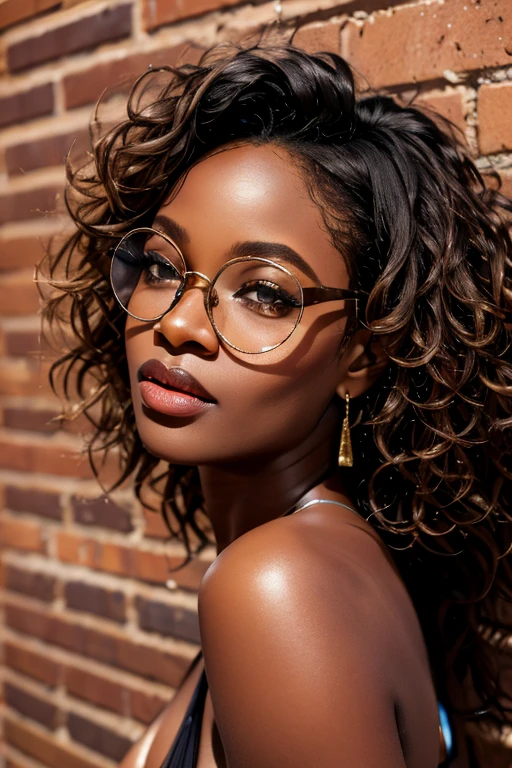 dynamic close-up of the upper part of 1 French woman, black, extremely slim and beautiful, perfect body, (well-shaped and delicate face with (piercing gaze)), black skin with highly detailed depth, she is leaning against a brick wall, ( long hair, slightly messy and shiny wavy brown hair, hair over the eyes), (detailed, large, bright eyes, light brown eyes, curled eyelashes, large glasses), (sensual pouting with mouth), wearing a short sweater showing shoulders, (she is shining with sweat), ultra realistic image, Perfect Symmetry, vibrant and sharp, dynamic vision, high quality, hyper-realistic and cinematic 32k.