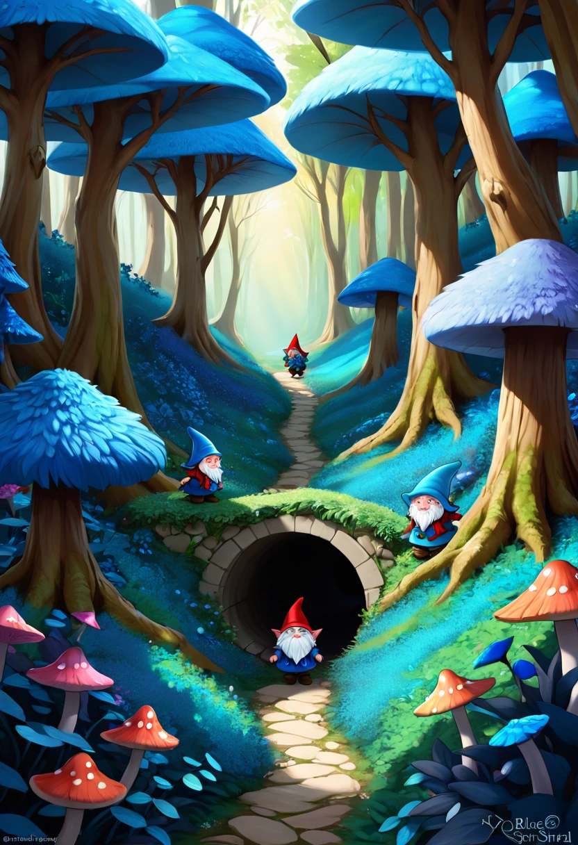 dark blue spiral shaped tunnel landscape ef bright blue forest, nymphs, gnomes, cats