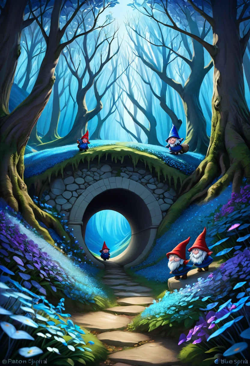 dark blue spiral shaped tunnel landscape ef bright blue forest, nymphs, gnomes, cats