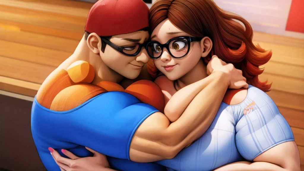 (girl and boy:1), smiling, ((high resolution illustration)), ((extremely detailed)), (couple), Alya, Nino, Nino X Alya, (best quality,4k,8k,highres,masterpiece:1.2), ultra-detailed, realistic:1.37, HDR, studio lighting, extreme detail description, professional, vibrant colors, bokeh, (muscular female bodybuilder), detailed lips, strong embrace, romantic scene, intimate moment, intense passion, athletic bodies, fitness couple, gym background, muscular definition, sculpted muscles, sweat glistening, powerful kiss, muscular arms, loving couple, bodybuilding lifestyle,dark hair boy kissing his big muscle girlfriend, skinny brown eye's boy, and a big muscle dark brown hair.