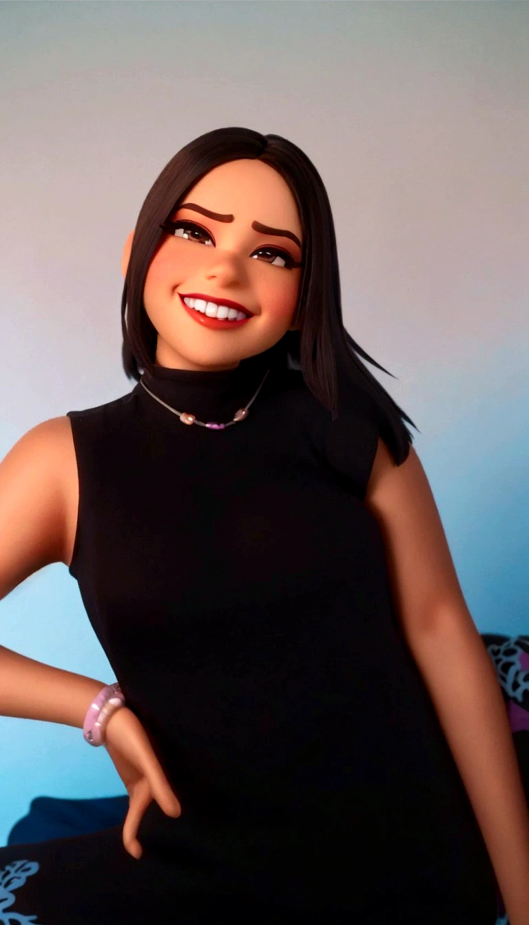 Imagem estilo pixar com personagem 3D óculos brancos morena mulher cabelo curto liso dançando, make-up, eyes browns, Disney,Female teacher, cute, smiling ,close up, pixar, Disney, cinema lighting, high qualiy, best qualityer
