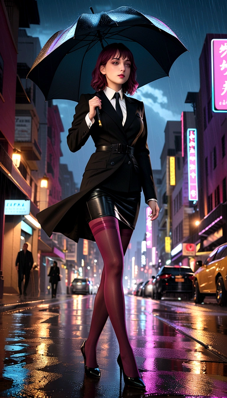 (1 Girl), masterpiece, photoPractical, 8K, (Practical: 1.2), whole body, Looking at the audience, Pantyhose, Purple Hair, (Kafka: 1.2), walk, beauty, (Medium breasts: 1.2) night, night sky, City, Cityscape, rain, (dramatic: 1.2)