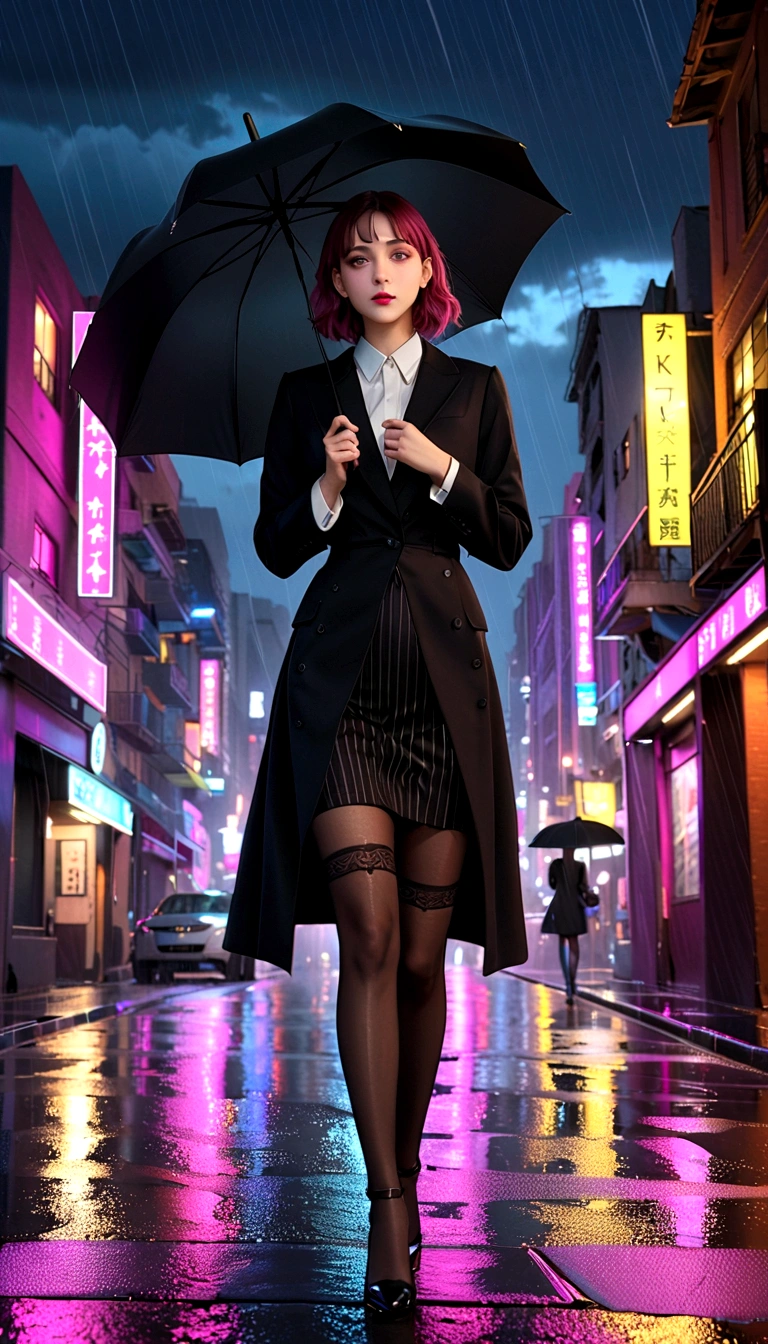 (1 Girl), masterpiece, photoPractical, 8K, (Practical: 1.2), whole body, Looking at the audience, Pantyhose, Purple Hair, (Kafka: 1.2), walk, beauty, (Medium breasts: 1.2) night, night sky, City, Cityscape, rain, (dramatic: 1.2)