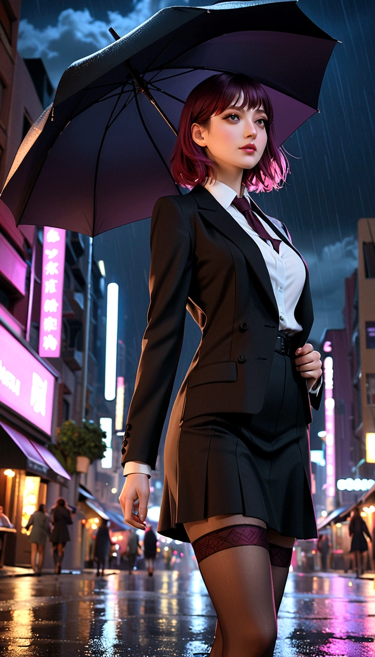 (1 Girl), masterpiece, photoPractical, 8K, (Practical: 1.2), whole body, Looking at the audience, Pantyhose, Purple Hair, (Kafka: 1.2), walk, beauty, (Medium breasts: 1.2) night, night sky, City, Cityscape, rain, (dramatic: 1.2)