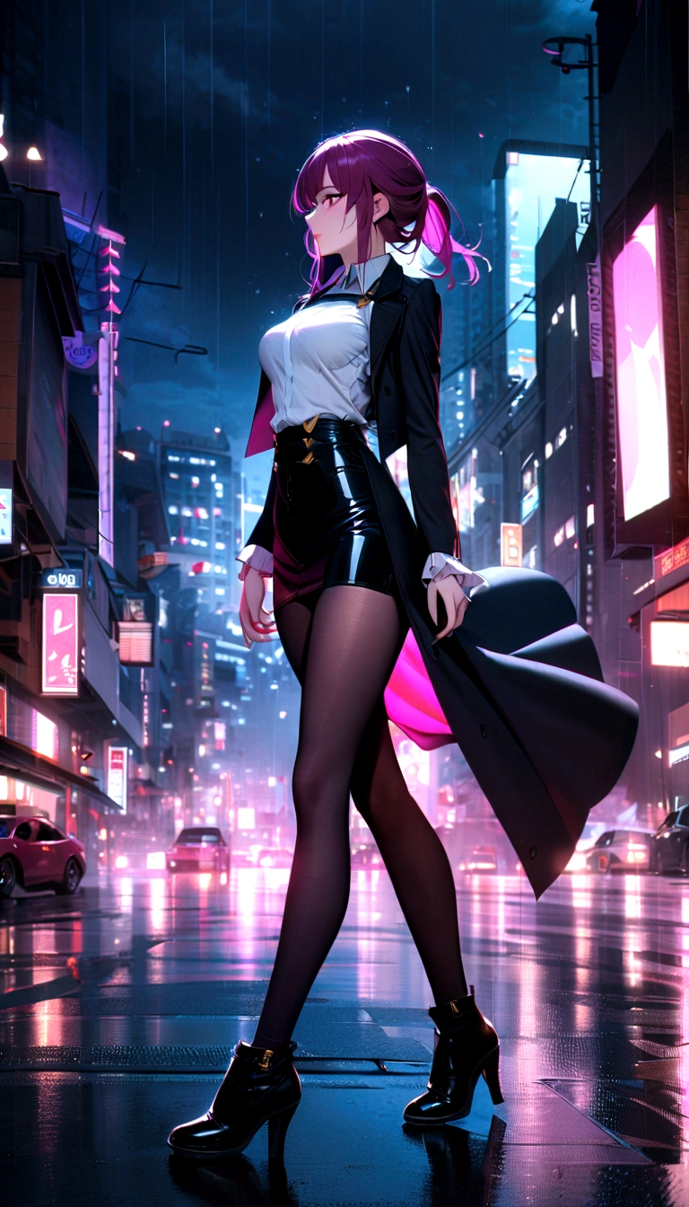 (1 Girl), masterpiece, photoPractical, 8K, (Practical: 1.2), whole body, Looking at the audience, Pantyhose, Purple Hair, (Kafka: 1.2), walk, beauty, (Medium breasts: 1.2) night, night sky, City, Cityscape, rain, (dramatic: 1.2)