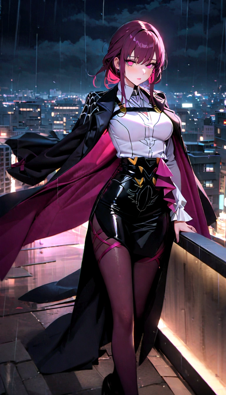(1 Girl), masterpiece, photoPractical, 8K, (Practical: 1.2), whole body, Looking at the audience, Pantyhose, Purple Hair, (Kafka: 1.2), walk, beauty, (Medium breasts: 1.2) night, night sky, City, Cityscape, rain, (dramatic: 1.2)