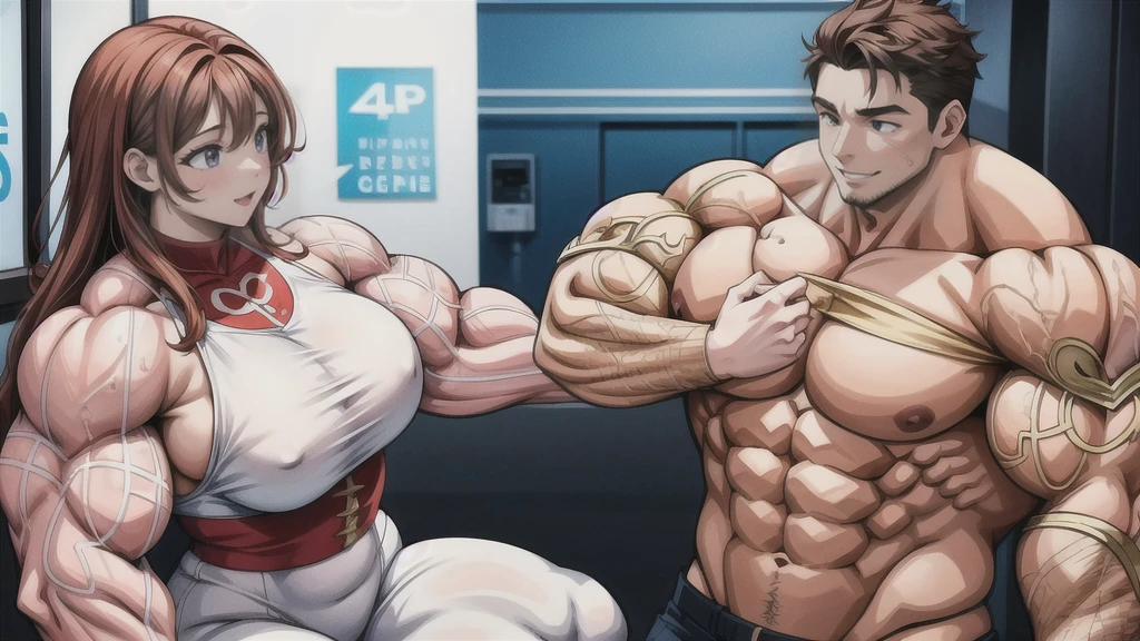 (girl and boy:1), smiling, ((high resolution illustration)), ((extremely detailed)), (couple), Alya, Nino, Nino X Alya, (best quality,4k,8k,highres,masterpiece:1.2), ultra-detailed, realistic:1.37, HDR, studio lighting, extreme detail description, professional, vibrant colors, bokeh, (muscular female bodybuilder), detailed lips, strong embrace, romantic scene, intimate moment, intense passion, athletic bodies, fitness couple, gym background, muscular definition, sculpted muscles, sweat glistening, powerful kiss, muscular arms, loving couple, bodybuilding lifestyle,dark hair boy kissing his big muscle girlfriend, skinny brown eye's boy, and a big muscle dark brown hair.