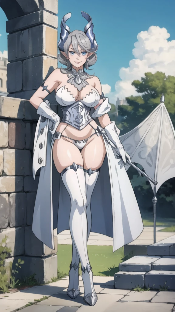 Sunlight Outside castle top High level image quality best image quality 8K adult woman silver castle outside more colors whole body view portrait bikini horn ears short hair((shortcut)(gray hair)(perm)(fluffy)) eye color is blue , , attractive evil face , smile , sexy pose , labrynth , barearm gloves , wearing slave leia outfits , wings , standing , crossed legs, view heels , view foot arc