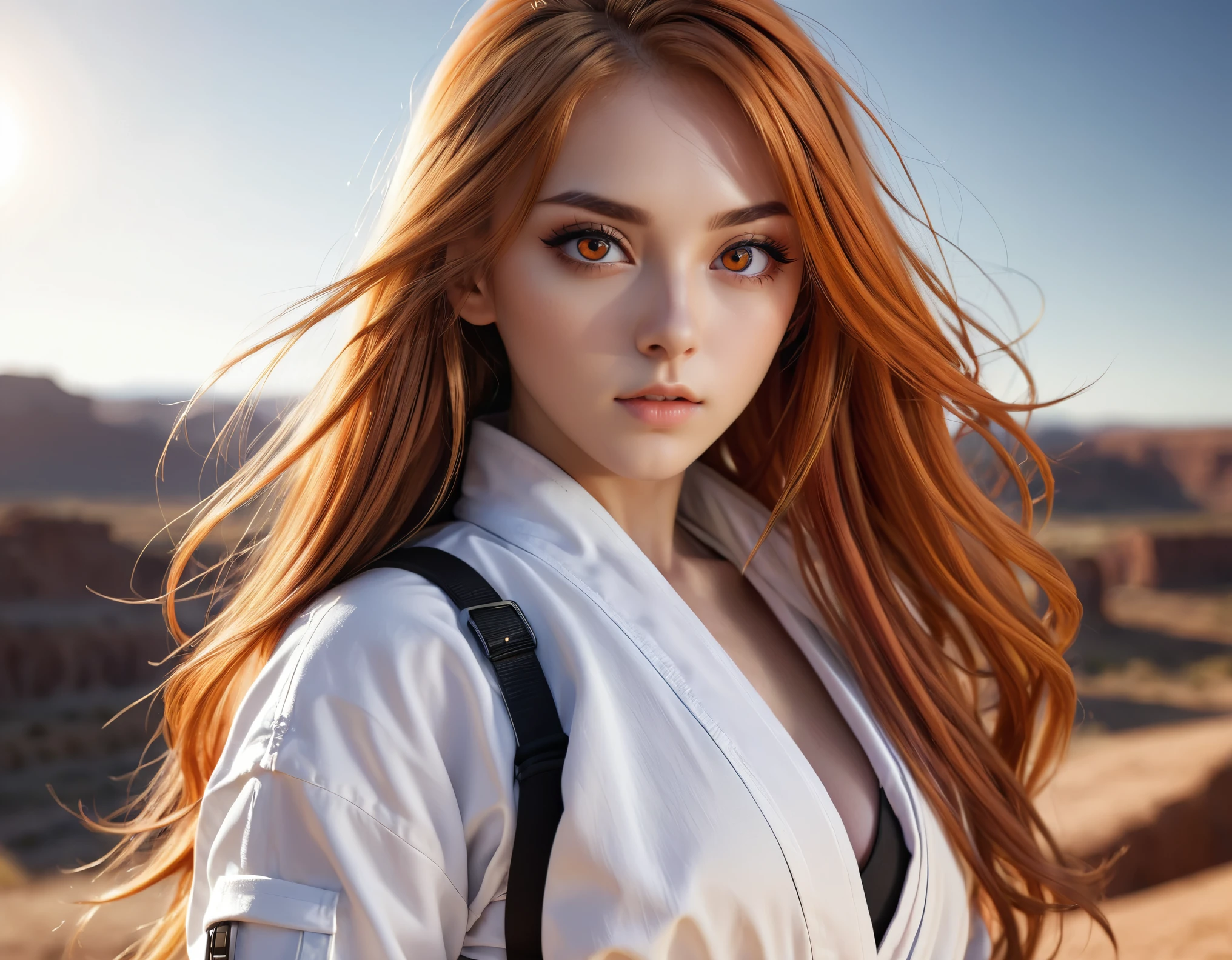C.C., Expressionless, Super detailed, The best shadow, volumetric lighting, (beautiful detailed face, Beautiful and delicate eyes), (Optimal lighting), Orange eyes, Very long hair, multicolored hair, (white straitjacket:1.4), black belt, Strong angle, MKSK style, beautiful background, professional lighting, landscape with warm colors, ray tracing, (Cowboy shot:1.3), masterpiece, best quality