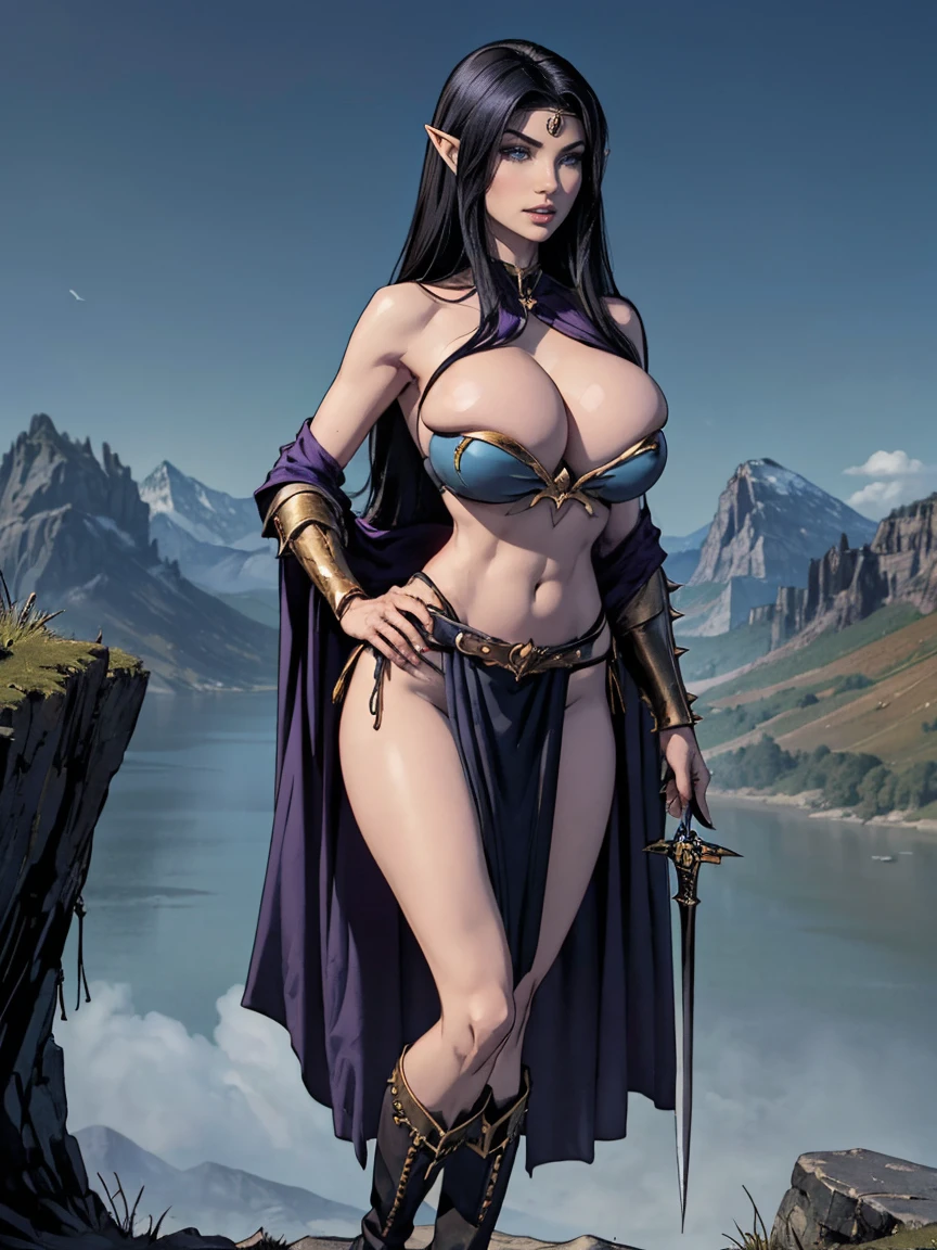 (masterpiece, top quality, best quality, official art, beautiful and aesthetic:1.2), (1girl:1.3), ((Sharp facial features, sharp features, hawkish features)), ((big hair, long elf ears, long black hair)), (((pale purple skin, pale blue skin, blue skin, purple skin))), big tiddy dark elf girl, extremely detailed, portrait, looking at viewer, solo, (full body:0.6), detailed background, full-body shot, (cold night mountain theme:1.1), dark elf war dancer, (spiky winged helmet), charlatan, smirk, mysterious, swaying in mountains, skimpy attire, revealing gladiatrix costume, ebony metal, gold filigree, gold bikini, circlet, metal bikini, long boots, dual knives, blood red fabric, pelvic curtain, loincloth, black leather, ((((topless, gigantic breasts, cleavage, skindentation, long legs, pelvic curtain)))), cute belly button, toned tummy, slim waist, slim hips, long legs, medieval (mountain exterior:1.1) background, dark mysterious lighting, shadows, magical atmosphere, dutch angle