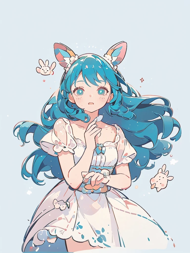 bust-up, 1girl, tosca blue hair, deer ears, white deer antlers, elegant white dress, teasing expression, splash background, solo, sketch, portrait, simple background