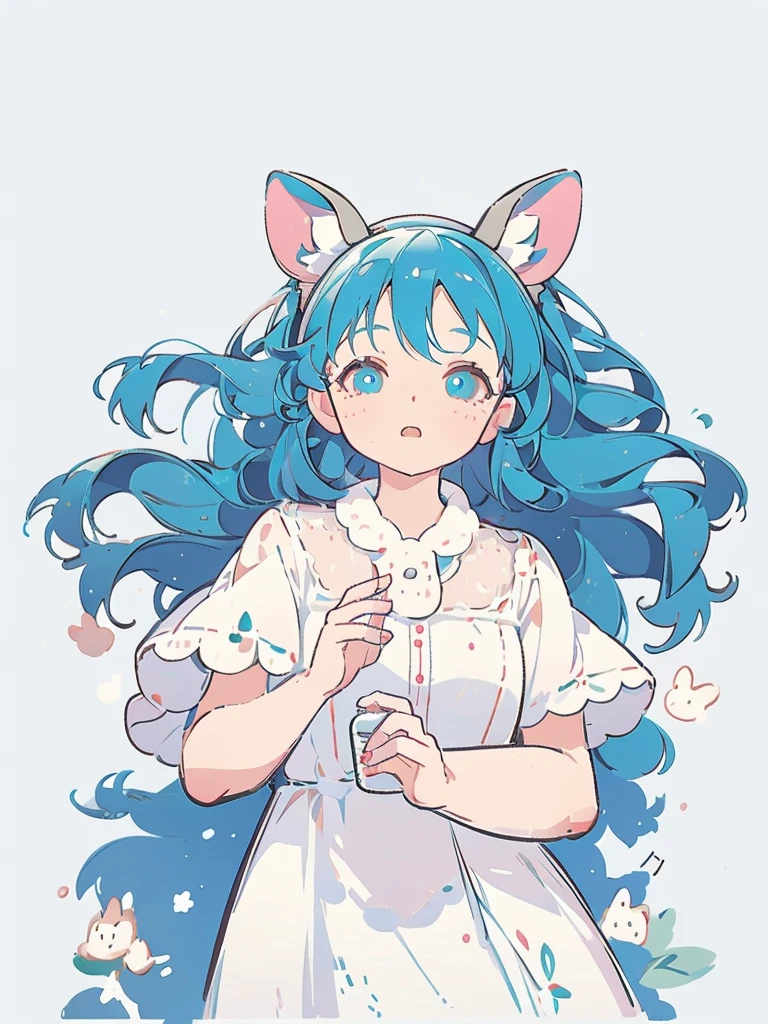 bust-up, 1girl, tosca blue hair, deer ears, white deer antlers, elegant white dress, teasing expression, splash background, solo, sketch, portrait, simple background