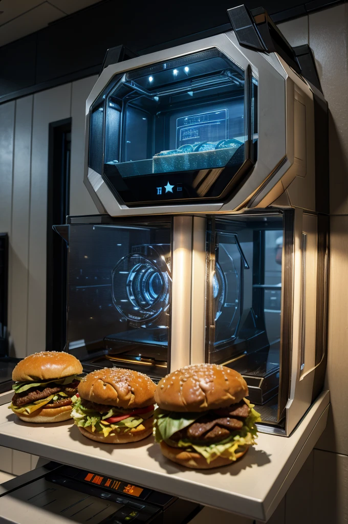 a futuristic 3d printer that makes food that is incorporated in a wall in a cafeteria, masterpiece, best, photo realistic food replicator, star trek food replicator