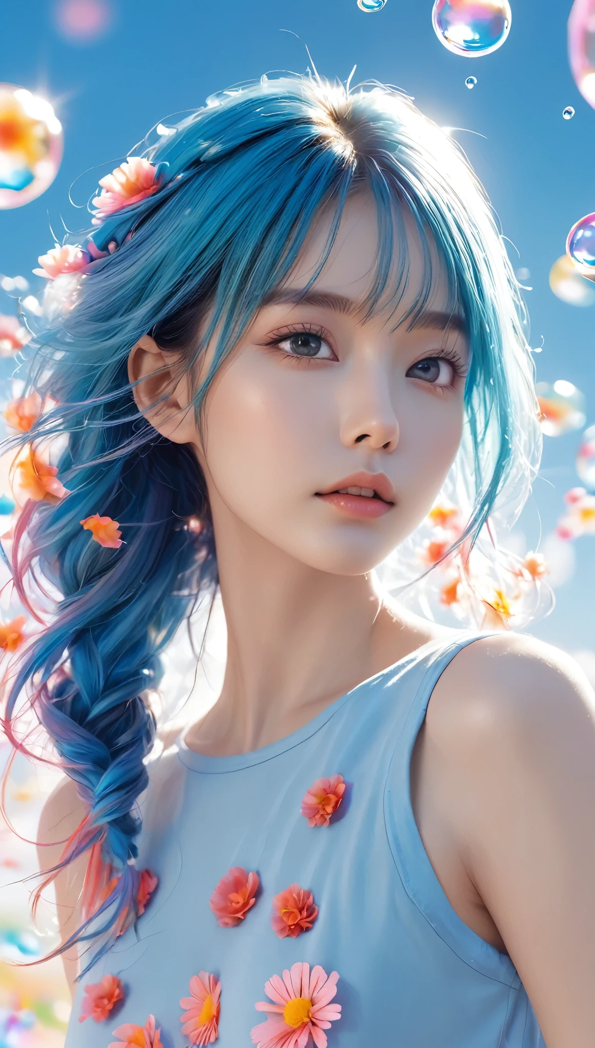 (masterpiece), (best quality), (Super detailed),(Disk hair),(illustration), (1 girl), (Fashion clothing), Permanent, fashion model, looking at the audience, (interview), (Simple background), beautiful and delicate eyes, Delicate and beautiful, floating, (High saturation), (colorful splash), Colorful bubbles, (shine), focus on face, ponytail, Ayaka Kamiuri, light blue hair, Bangs, hair tie, floating flowers, flowing hair, (Shiny), Optimal lighting, The best shadow, whole body, Vision