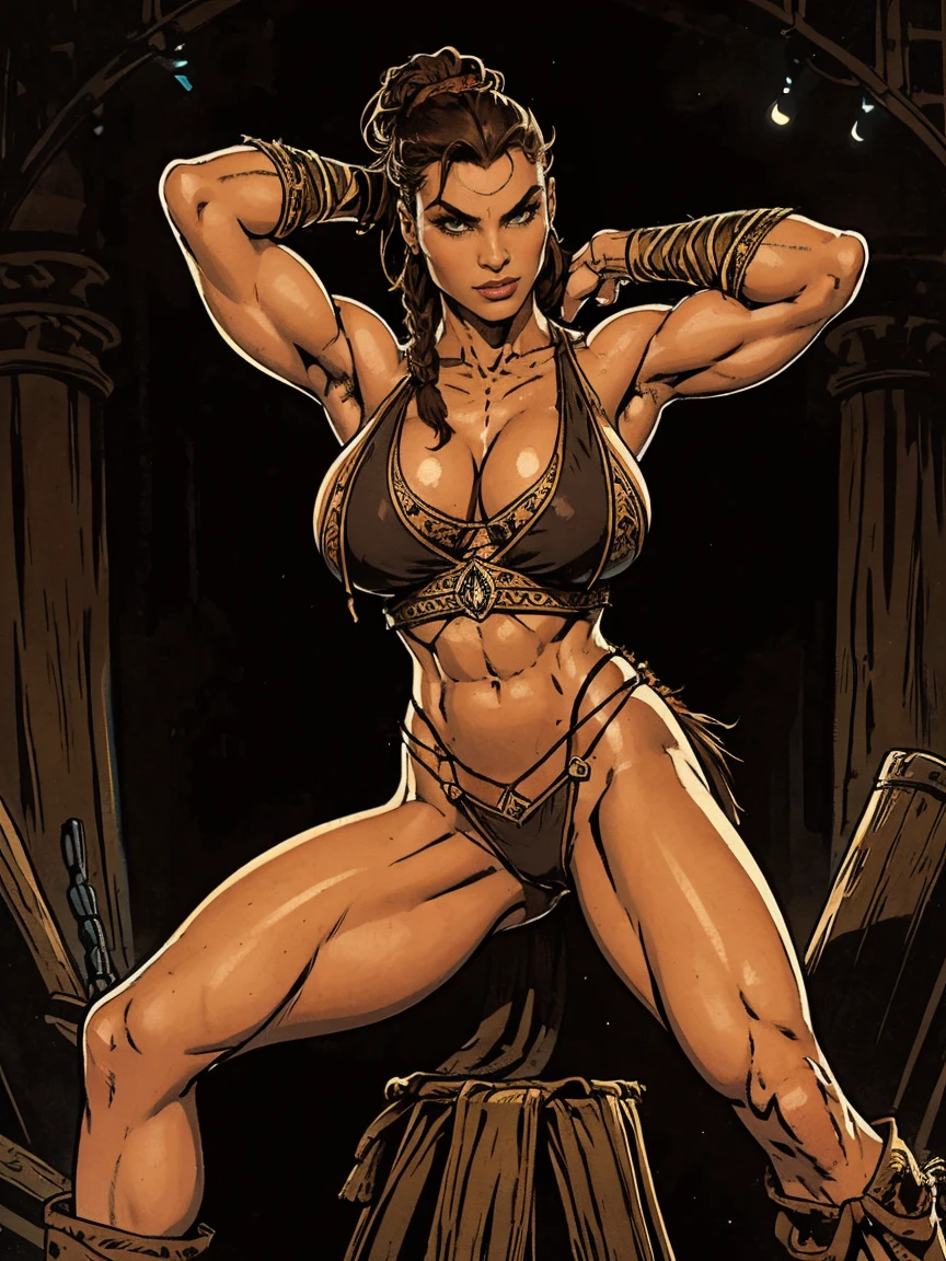 (masterpiece, top quality, best quality, official art, beautiful and aesthetic:1.2), (1girl:1.3), dark brown hair pulled back, topknot, braids, extremely detailed, portrait, looking at viewer, solo, (full body:0.6), detailed background, close up, facepaint, tribal tattoos, (warm summer Africa theme:1.1), view from below, seven feet tall, buff and busty giant barbarian queen, elegant face, long face, charlatan, smirk, mysterious, walking in savannah, revealing tribal attire, bare midriff, brown leather, fur lined clothes, long boots, buckles, straps, pouches, axes, tan fabric, brown leather, ((((gigantic breasts, skindentation, cleavage, stretching, flexing)))), (flexing muscles, muscular), strong, cute belly button, toned tummy, slim waist, slim hips, long legs, muscular legs, (savannah exterior:1.1) background, dark mysterious lighting, shadows, magical atmosphere, dutch angle