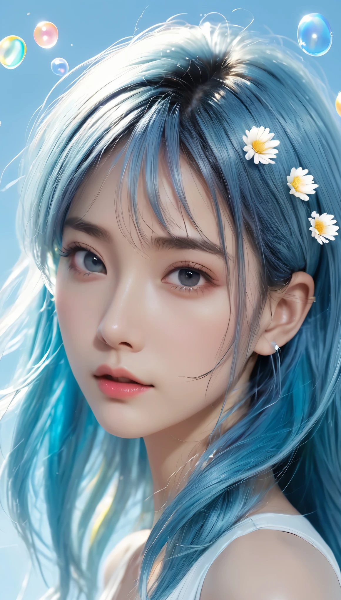 (masterpiece), (best quality), (Super detailed),(Disk hair),(illustration), (1 girl), (Fashion clothing), Permanent, fashion model, looking at the audience, (interview), (Simple background), beautiful and delicate eyes, Delicate and beautiful, floating, (High saturation), (colorful splash), Colorful bubbles, (shine), focus on face, ponytail, Ayaka Kamiuri, light blue hair, Bangs, hair tie, floating flowers, flowing hair, (Shiny), Optimal lighting, The best shadow, whole body, Vision