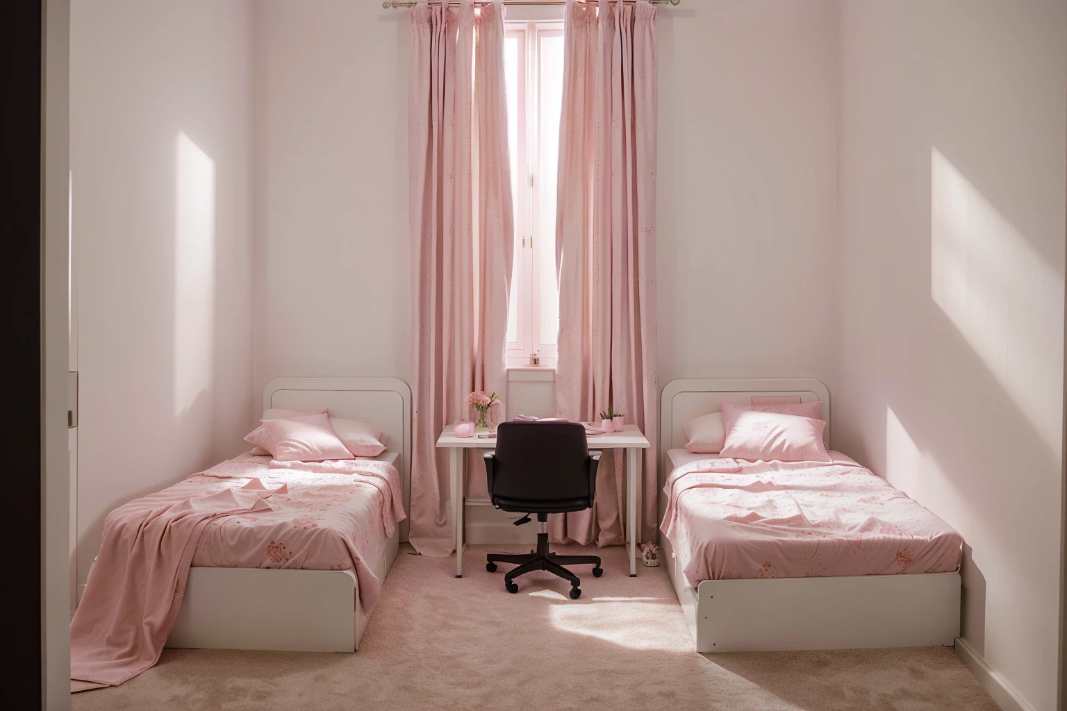 there are two girls pink beds in a small room with a desk and dark pink chair, front view and the curtain in the center, with no wardrobe, (new classic design)