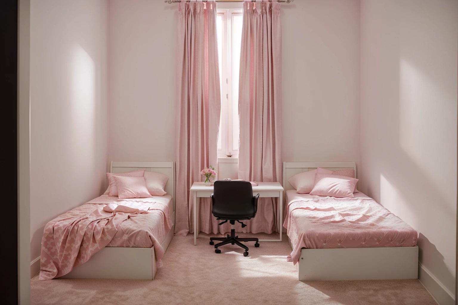 there are two girls pink beds in a small room with a desk and dark pink chair, front view and the curtain in the center, with no wardrobe, (new classic design)