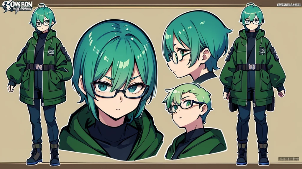 Character design sheet、One Man、Green Hair、Short Hair、Glasses、Tactical Jacket、, Conceptual art, best quality, highres, 8k, UHD