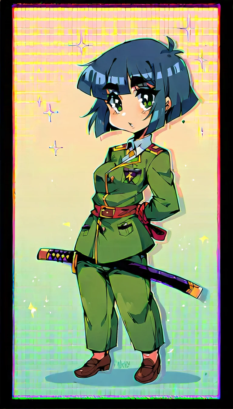 BEAUTIFUL AND STRONG WOMAN with GREEN EYES with HONEY reflection and big EYELASHES, thick and burgundy eyebrows, she looks full body, full body with big legs. Striking semi-short HAIR with FRINGE and UPPER ENDS, choppy and tied up with pointed ups, DARK BLUE HAIR with SALMON ENDS!! worrying and BEAUTIFUL complex clothing of yellow triangle pattern haori, hunter uniform, brown fur on the hip and a katana AND NATURAL BACKGROUND