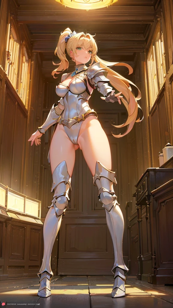 ((masterpiece)), ((high quality)), ((super detailed)), ((high resolution)) ,((8k)), a beautiful woman, ((She is one of the most famous female Thief)), unparalleled beauty, ((huge breast)), ((large ass)), ((deep cleavage)), slim waist, chest out, ultra detailed face, perfect skin, (((Blonde hair in a side ponytail))), Green eyes,  detailed eyes, whole body image, (((anime))), ((glamorous)), 21 years old, ((incredibly beautiful woman)), ((The G cup bust)),  ((((Light Armor, Light clothing)))),  ((beautiful breasts)), beautiful legs, 8 life size, anime, the most beautiful, ((charm)), ((Grown-up face)), ((Perfect fingers)), ((Bewitching)), ((A young heroine)), ((((from below)))), ((Inside the dungeon, Adventurer)),