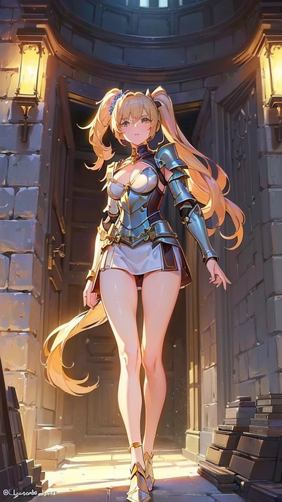 ((masterpiece)), ((high quality)), ((super detailed)), ((high resolution)) ,((8k)), a beautiful woman, ((She is one of the most famous female Thief)), unparalleled beauty, ((huge breast)), ((large ass)), ((deep cleavage)), slim waist, chest out, ultra detailed face, perfect skin, (((Blonde hair in a side ponytail))), Green eyes, detailed eyes, whole body image, (((anime))), ((glamorous)), 21 years old, ((incredibly beautiful woman)), ((The G cup bust)), ((((Light Armor, Light clothing)))), ((beautiful breasts)), beautiful legs, 8 life size, anime, the most beautiful, ((charm)), ((Grown-up face)), ((Perfect fingers)), ((Bewitching)), ((A young heroine)), ((((from below)))), ((Inside the dungeon, Adventurer)),