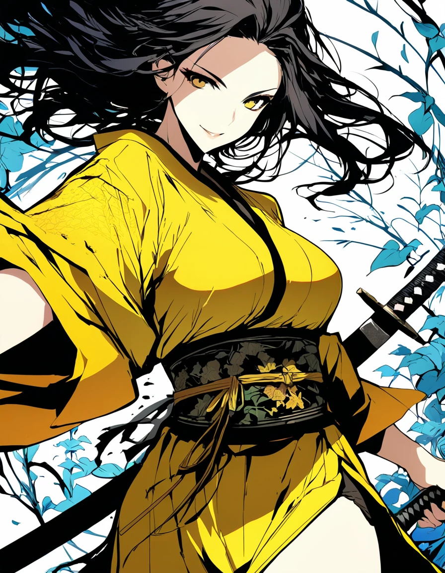extremely clear 8K wallpaper, extremely delicate and detailed face:1.3, absurdres, masterpiece, pixiv contest winner, by Demizu Posuka, cowboy shot, Metafictional illustration of a woman with a warlike and fearless smile holds a katana, looking to the right, She is about to cut to the left side., The blade of the katana is intricately carved with a complex and beautiful ivy pattern., She is dressed in a deep yellow kimono, which is torn in places, creating a dynamic illustration that expresses her rough and belligerent personality alongside her beautiful appearance.,