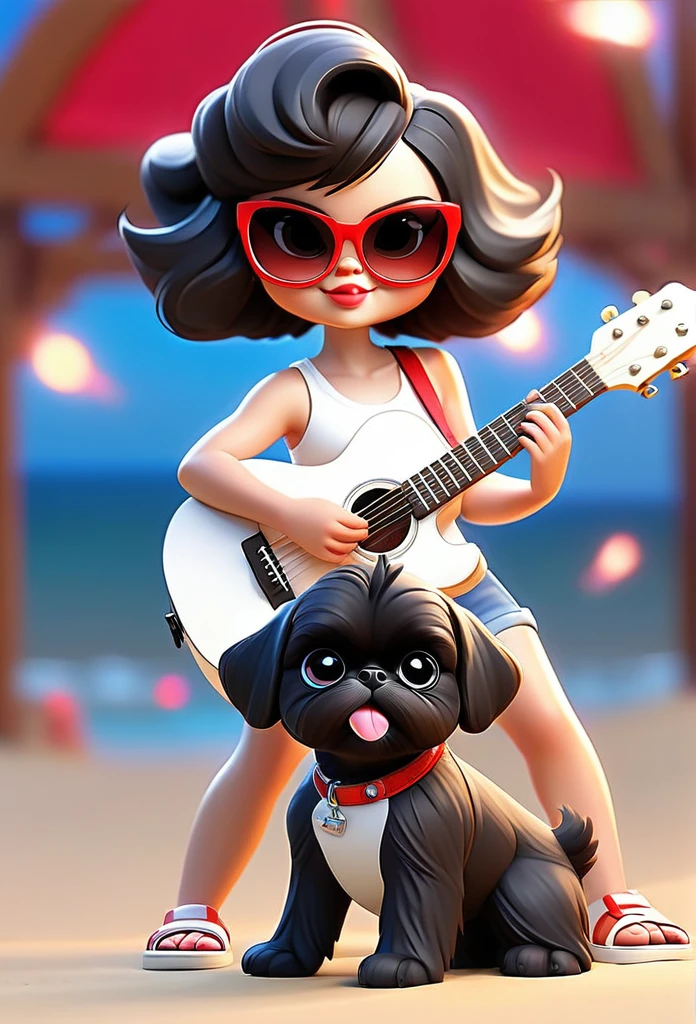 2 small adorable solid black Shih Tzu puppies at beach wearing red sunglasses, playing guitar on concert stage, cute blonde woman wearing cut offs, a white tank top and sandals, red, white and blue firework background Pixar 3D cartoon