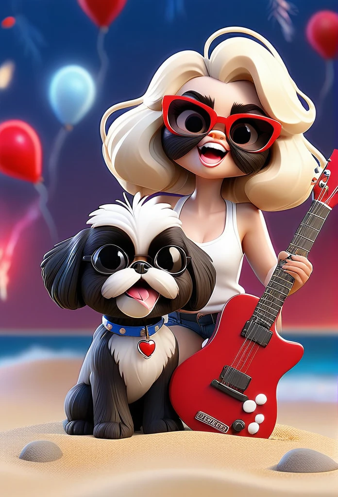 2 small adorable solid black Shih Tzu puppies at beach wearing red sunglasses, playing guitar on concert stage, cute blonde woman wearing cut offs, a white tank top and sandals, red, white and blue firework background Pixar 3D cartoon 
