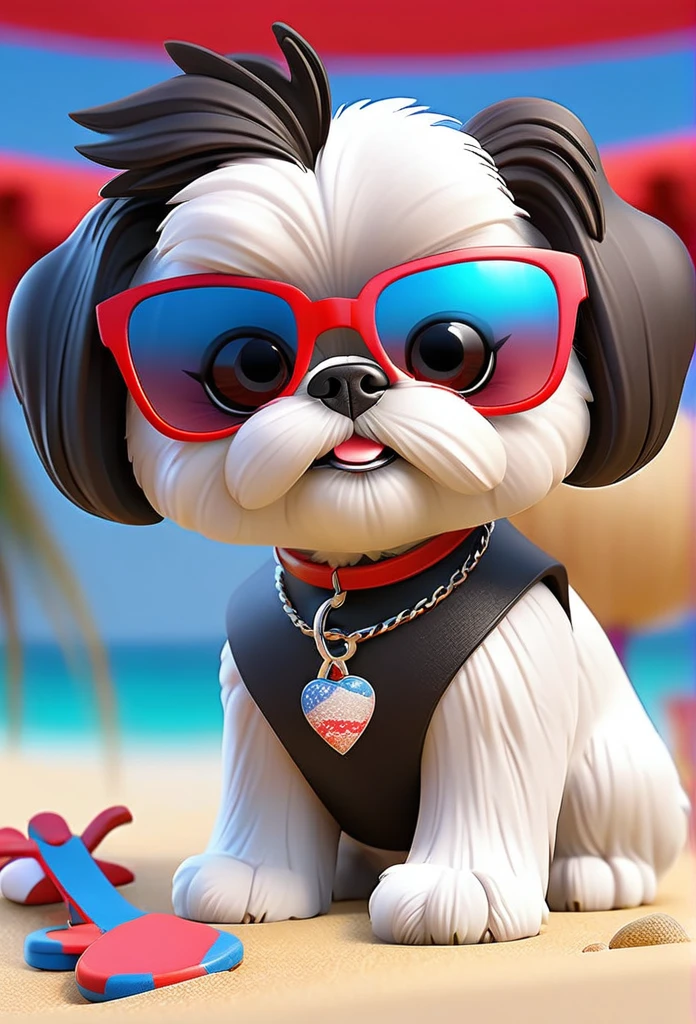 2 small adorable solid black Shih Tzu puppies at beach wearing red sunglasses, playing guitar on concert stage, cute blonde woman wearing cut offs, a white tank top and sandals, red, white and blue firework background Pixar 3D cartoon