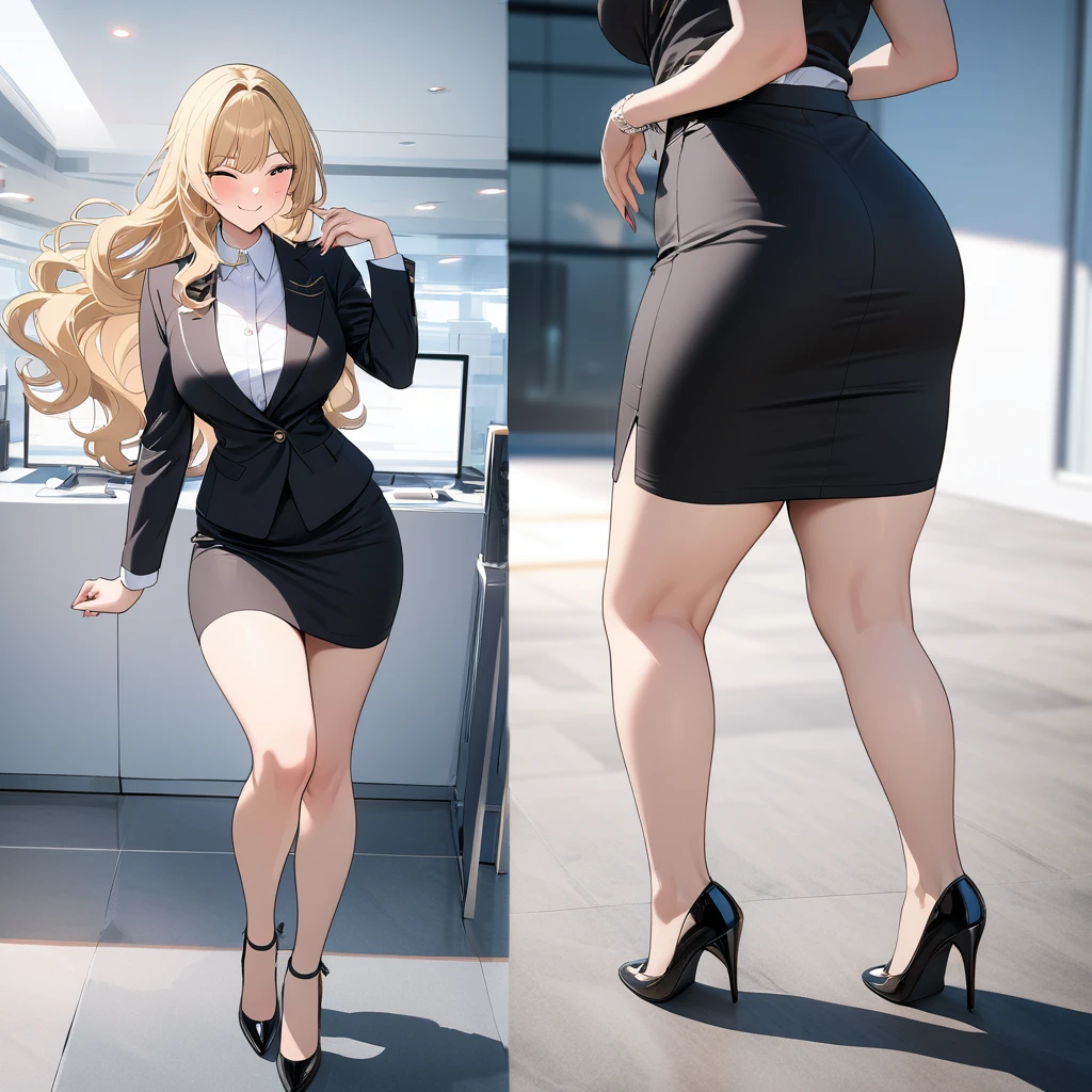 (((masterpiece, Highest quality, High resolution,8K))),(((Tight Skirt))),High heels,blonde,Wavy Hair,Long Hair,career woman,Model pose,((((Wink)))),smile