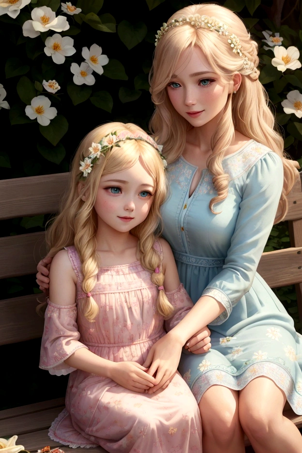 Lily's beautiful mother, Anna, joins her on the bench. Anna has long, wavy blond hair and wears a pink dress with a floral pattern. She has warm, green eyes that look lovingly at Lily, who has long blond hair, sparkling blue eyes, and wears a light blue dress adorned with small flowers. The bond between them is evident as they share a moment of quiet joy. The sun shines brightly, and the garden is in full bloom. (good quality:1.2), (Ultradetailed:1.2), (ultradetailed face:1.2), (ultradetailed body:1.2)