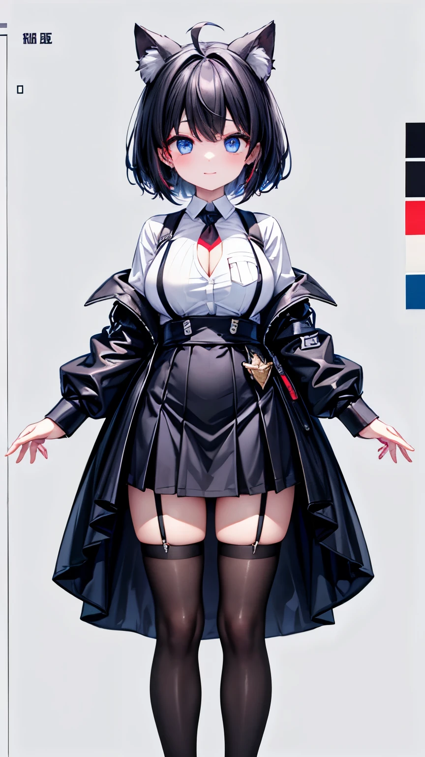 ((upright)), ((Arms at your sides)), Looking at the audience, Simple Background、White Background, 1 girl, Open your mouth, smile, Virtual YouTuber、With a girl、((Highest quality, expensive_solve, clear_image)),(Black Hair), (Black cat ears), (Ahoge), (Ridiculously short hair), (Wavy Hair),Red earring color (blue eyes),、Laughter、Very large breasts、whole body、I can see her cleavage、(wearing shoes on feet), (is wearing like the police dress shirt),((Suspender belts)),black necktie,holster,Pocket to hold a gun,((good girl)), detailed and beautiful eyes man, good looking,((an extremely delicate and beautiful)),make the eyes the same shape and color on both sides,Character Sheet,Character Reference Sheet, ((View from the front)) Symmetrical elements in clothing,