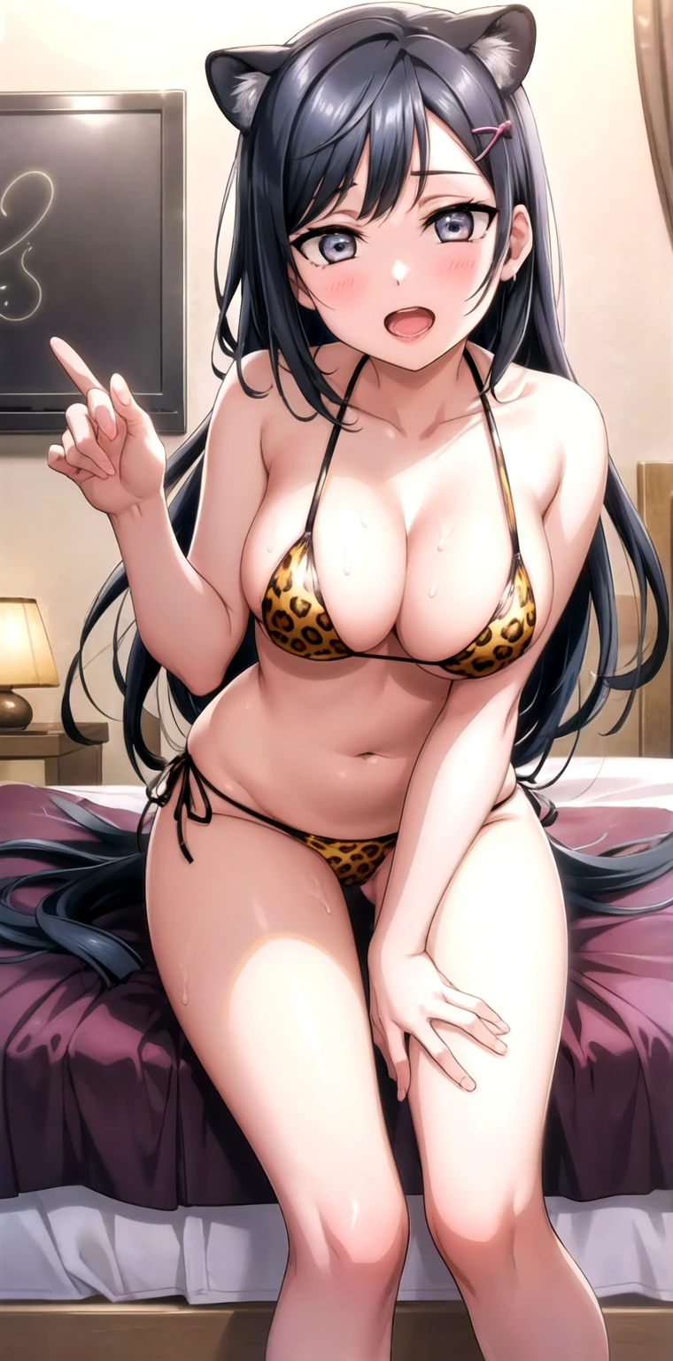 (masterpiece, Highest quality, Ultra-detailed), (figure), (Detailed and beautiful eyes), (1 Girl), (alone), Metallic Micro Bikini, Watching the audience, Cowboy Shot, Ahegao, Better Hands,(Perfect hands, Five Fingers,(Leg spread),(Leopard print pink metallic super micro bikini),Mansuji,(See-through nipples),Oily skin,(semen),Sex,Beautiful eyes、On the bed、blush