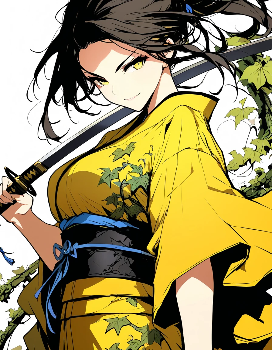 extremely clear 8K wallpaper, extremely delicate and detailed face:1.3, absurdres, masterpiece, pixiv contest winner, by Demizu Posuka, cowboy shot, Dynamic metafictional illustration of a woman with a warlike and fearless smile holds a katana, looking to the right, She is about to cut to the left side., The blade of the katana is intricately carved with a complex and beautiful ivy pattern., She is dressed in a deep yellow kimono, which is torn in places, creating a dynamic illustration that expresses her rough and belligerent personality alongside her beautiful appearance.,