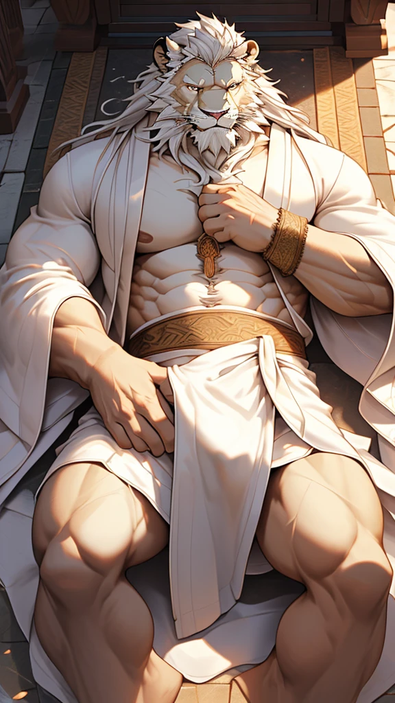 (masterpiece),(highres),(intricate details:1.4),extremely detailed,(illustration:1.2),8k,photorealistic,exquisite,solo, (Bold perspective),aged,elder male lion ,muscular, (Ancient Greek mythological style;1.8)(white robe:1.6),manhood,safeguard,(white hair:1.3),long hair,long white beard,scar,(badly damaged),(sacrifice),hurt,broken body ,(lying on the ground),(bulging crotch:1.8),(naked body)