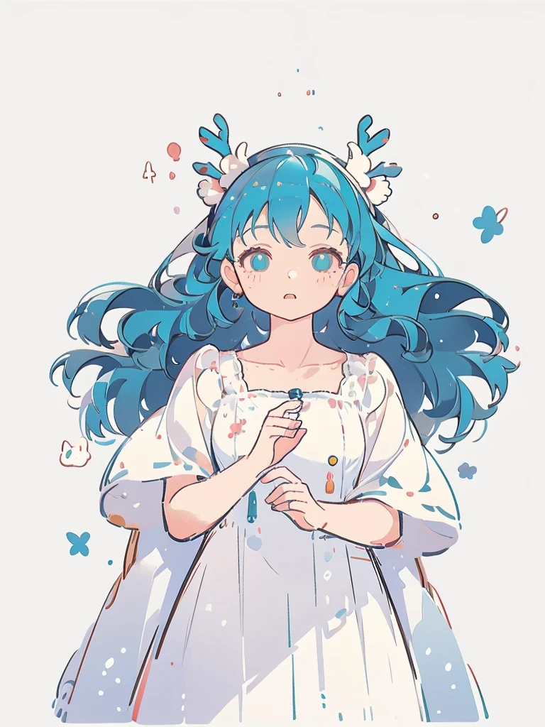 bust-up, 1girl, tosca blue hair, white deer antlers, elegant white dress, teasing expression, splash background, solo, sketch, portrait, simple background