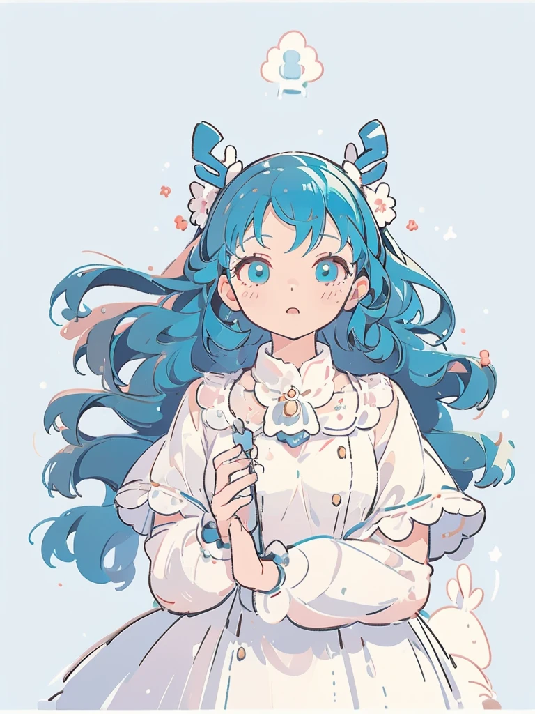 bust-up, 1girl, tosca blue hair, white deer antlers, elegant white dress, teasing expression, splash background, solo, sketch, portrait, simple background