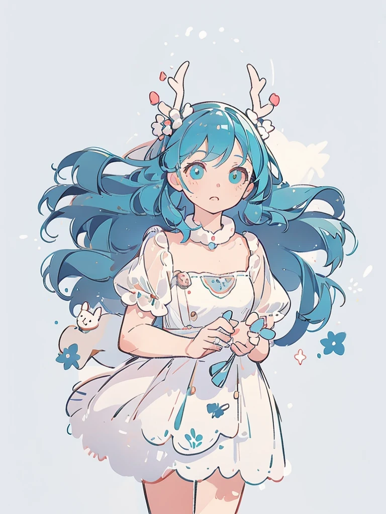 bust-up, 1girl, tosca blue hair, white deer antlers, elegant white dress, teasing expression, splash background, solo, sketch, portrait, simple background